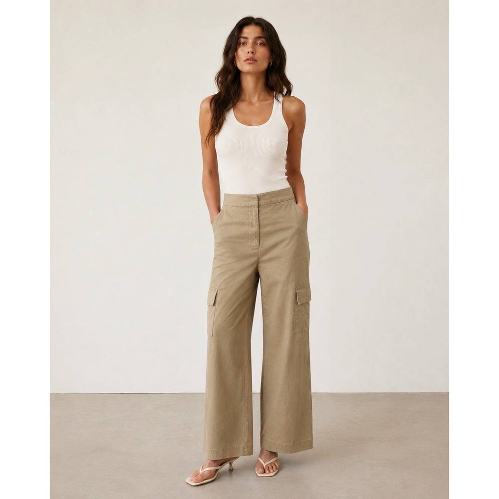 Talbots Cotton Tencel Tan Khaki Wide Leg Cargo Pants Size 8P Petite Utility